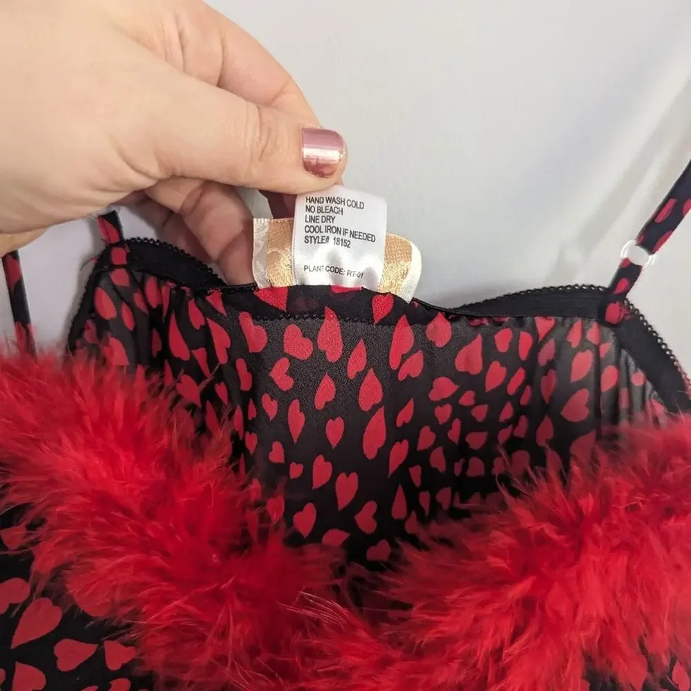Vintage Women's Inner Most Feather Red Boa and Hearts Slip Pajama Medium 90s - Picture 6 of 7